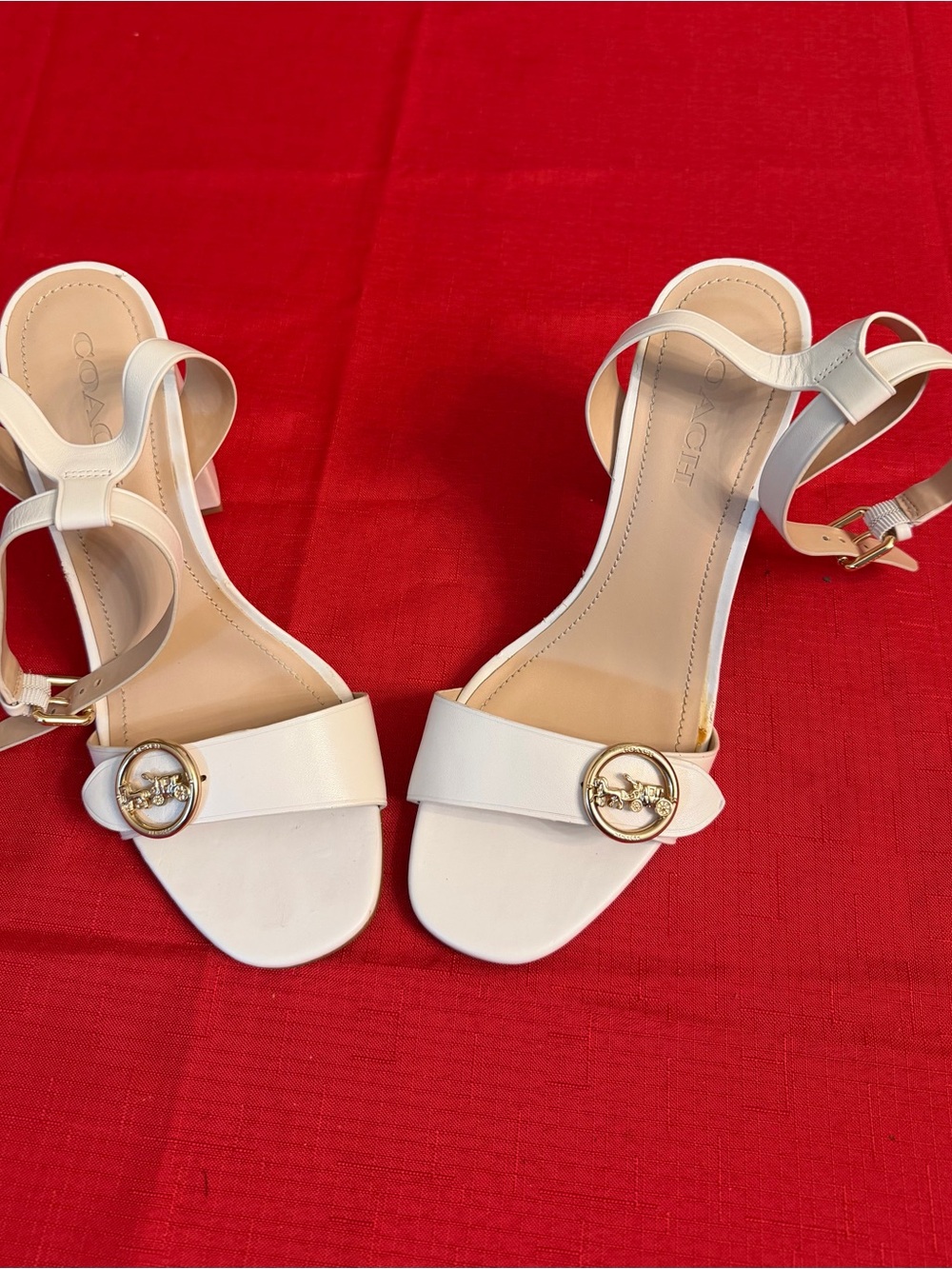 Coach Cream Leather Ankle-Strap Block Heel Sandals with Gold Logo